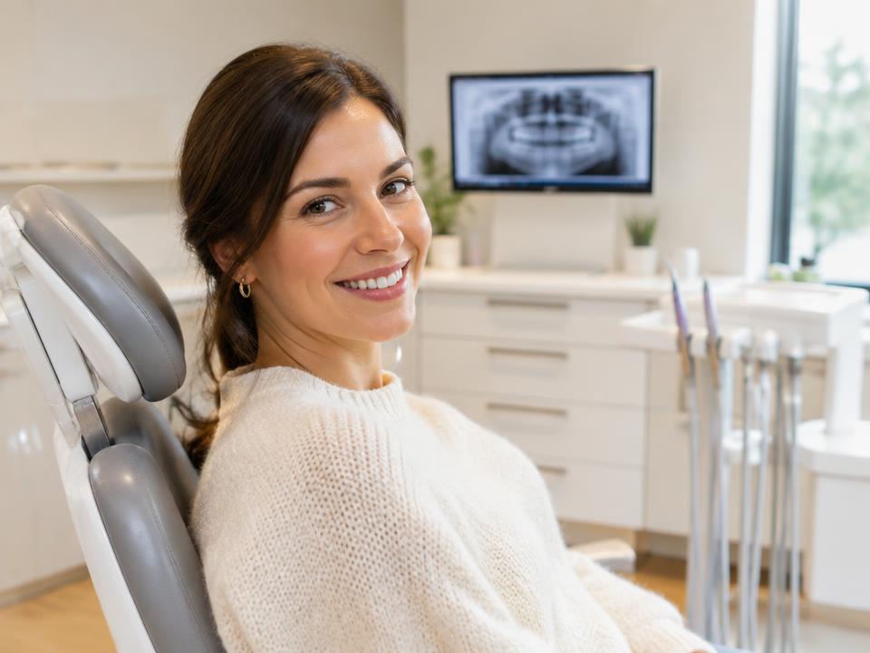 Mulher sorrindo em consultório odontológico