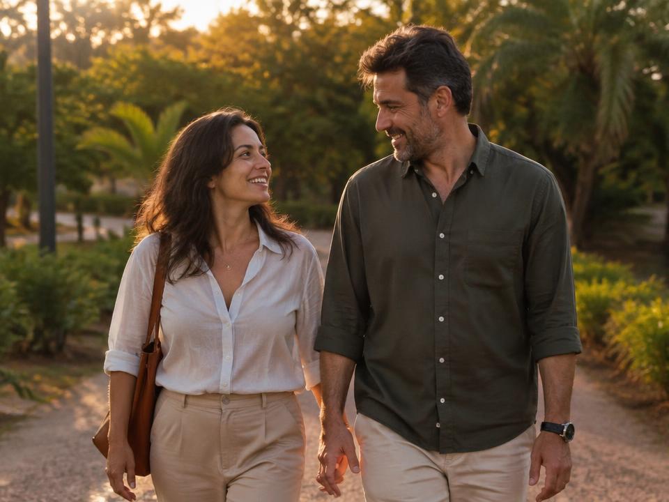 Casal caminhando em um parque ao entardecer